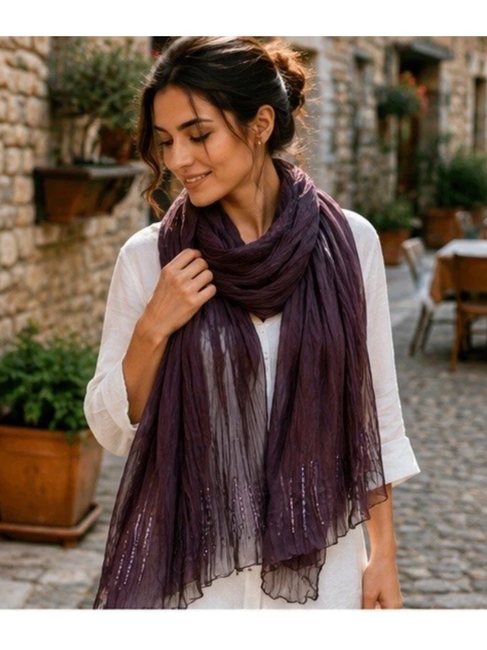 Women's Crinkled Plum Scarf with Subtle Sequin Detail